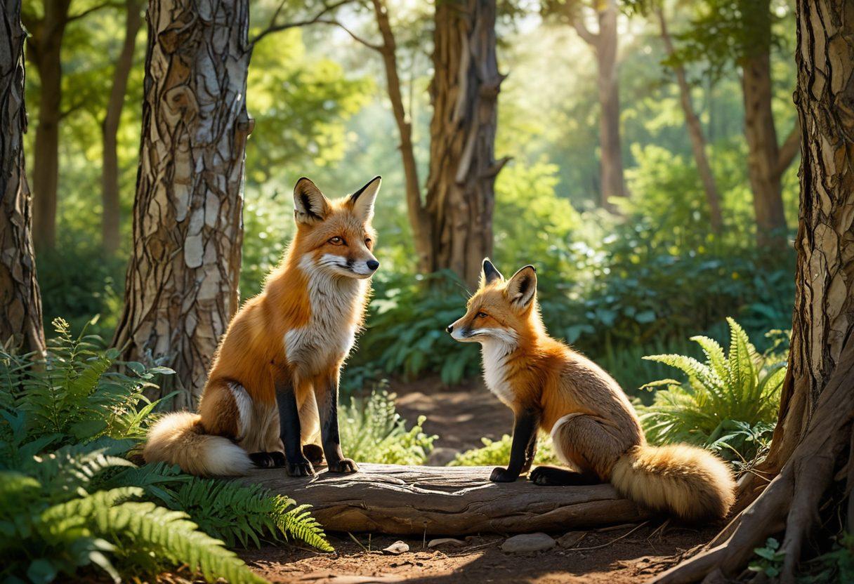 A serene scene depicting a gentle fox being cared for by a kind veterinarian in a lush, green rehabilitation center, surrounded by vibrant wildlife. The fox is receiving gentle treatment, while other animals, like rabbits and birds, peer curiously from their enclosures. Sunlight filters through the trees, creating a warm and calming atmosphere. Emphasize the bond between humans and wildlife, showcasing compassion and care. super-realistic. vibrant colors. nature background.