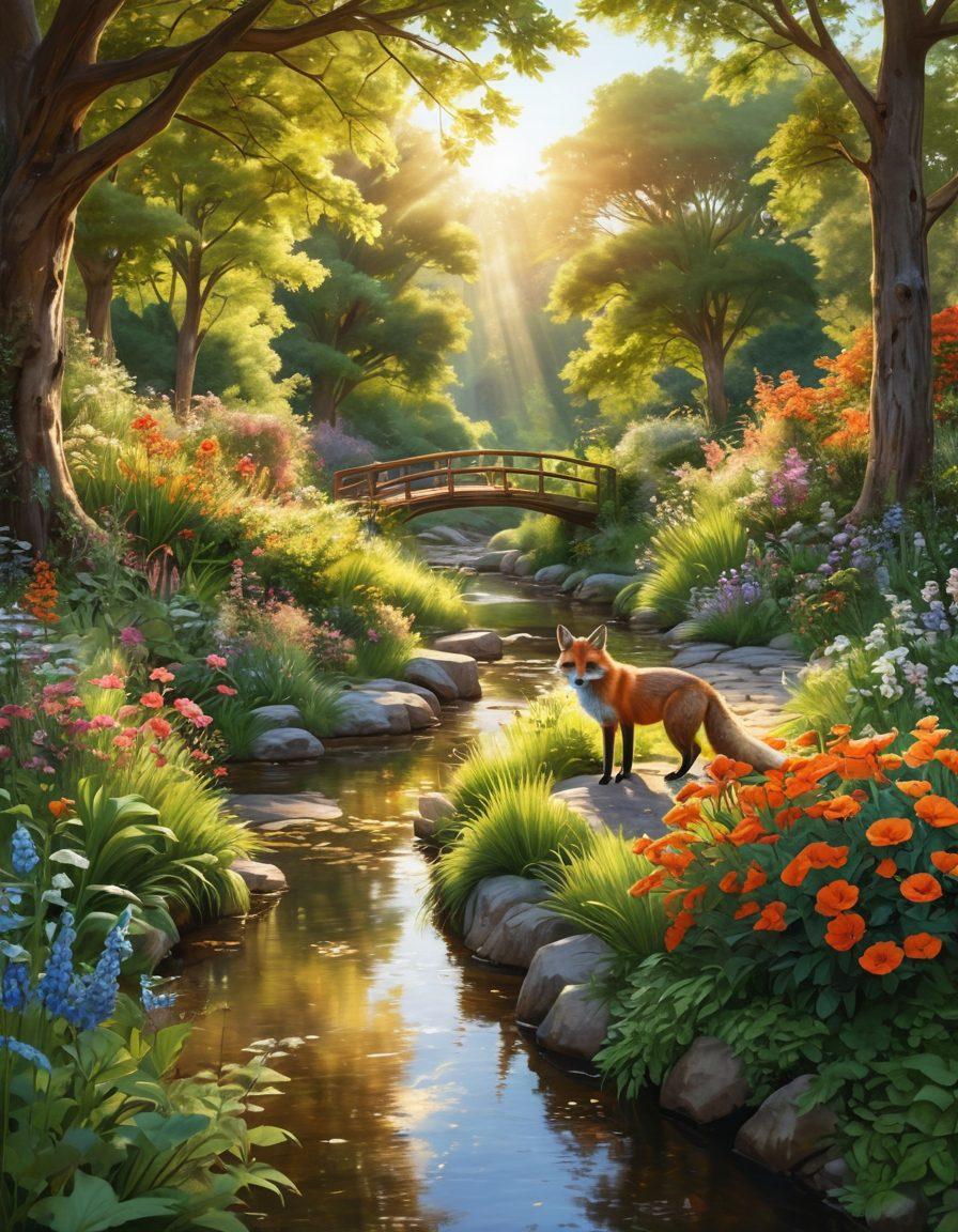 A serene sanctuary filled with lush greenery, vibrant flowers, and cozy dens, showcasing playful foxes and various wildlife species interacting harmoniously. Include elements like a gentle stream, sun-dappled paths, and rustic wooden structures that blend into nature. The scene should convey a sense of peace and tranquility, with soft sunlight filtering through the trees. super-realistic. vibrant colors. nature-themed.