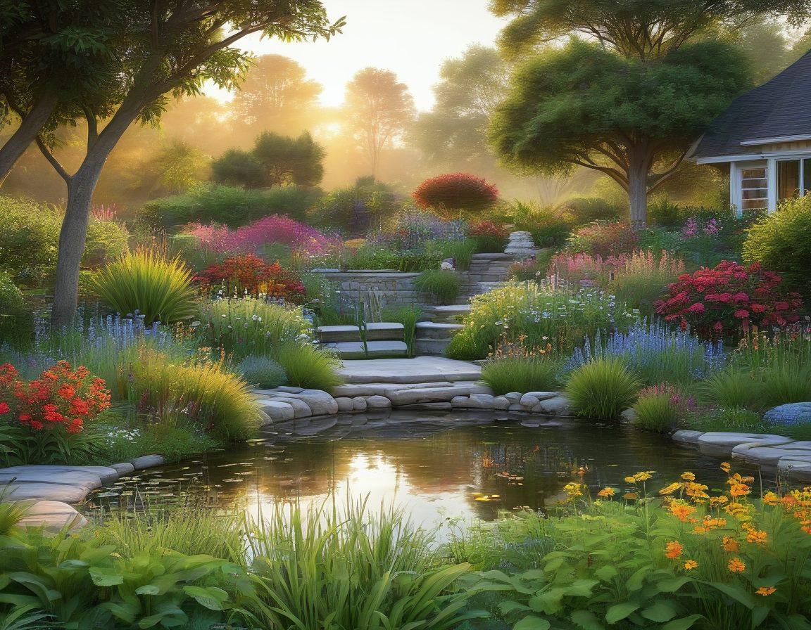 A serene garden retreat surrounded by lush greenery, colorful wildflowers, and a diverse array of birds and butterflies. Showcase cozy seating areas with bird feeders and a small pond reflecting the sky. Include a variety of native plants to highlight biodiversity and a warm sunset casting golden light over the scene. Rendered in vivid colors, emphasizing the beauty and tranquility of nature. vibrant colors. super-realistic.